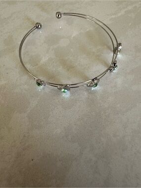 Silver Double-Band Bangle Bracelet with Green Crystal Accents